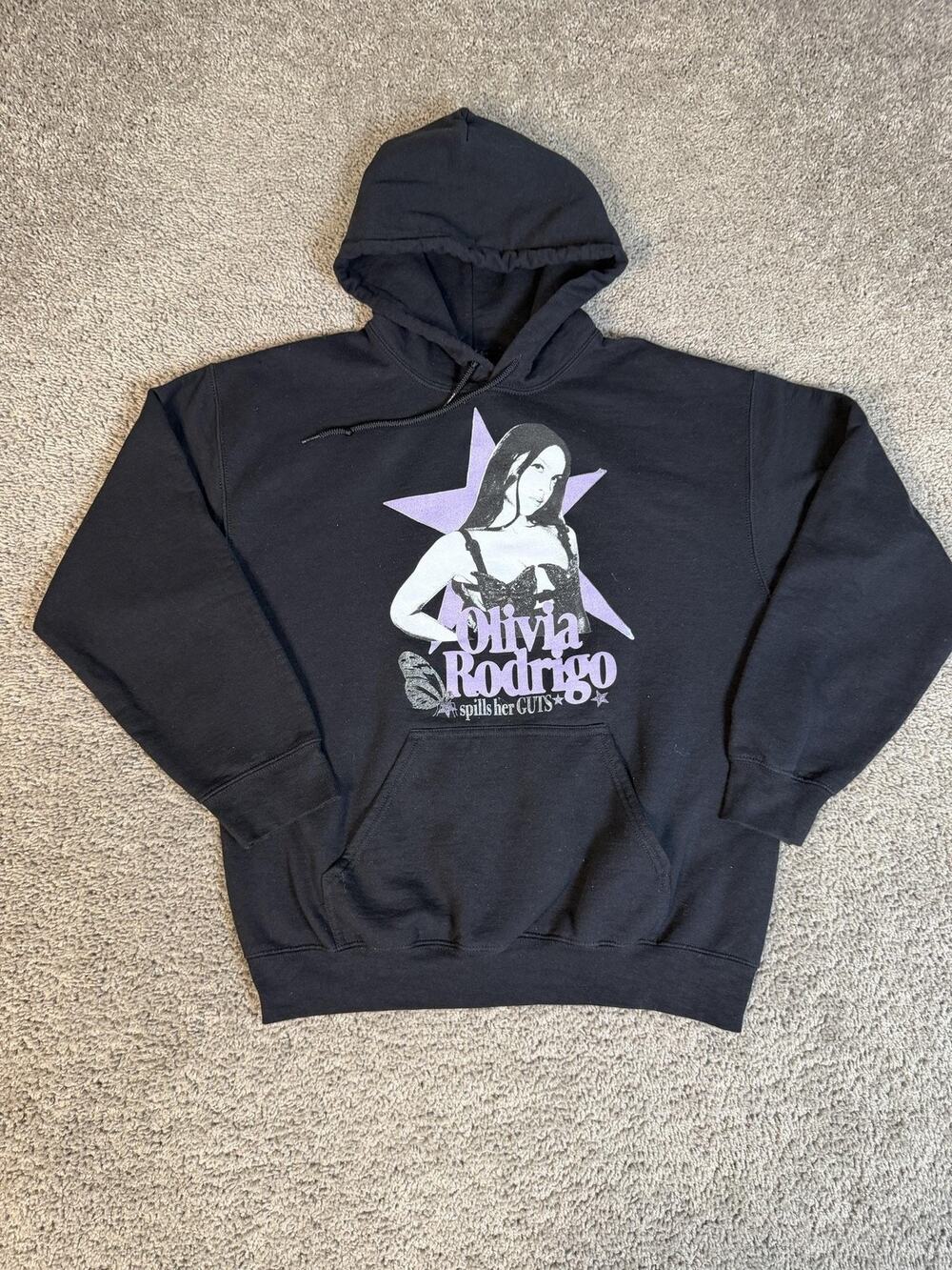 Olivia Rodrigo Hoodie Womens M Black Spills Her Guts Graphic Hooded Relaxed